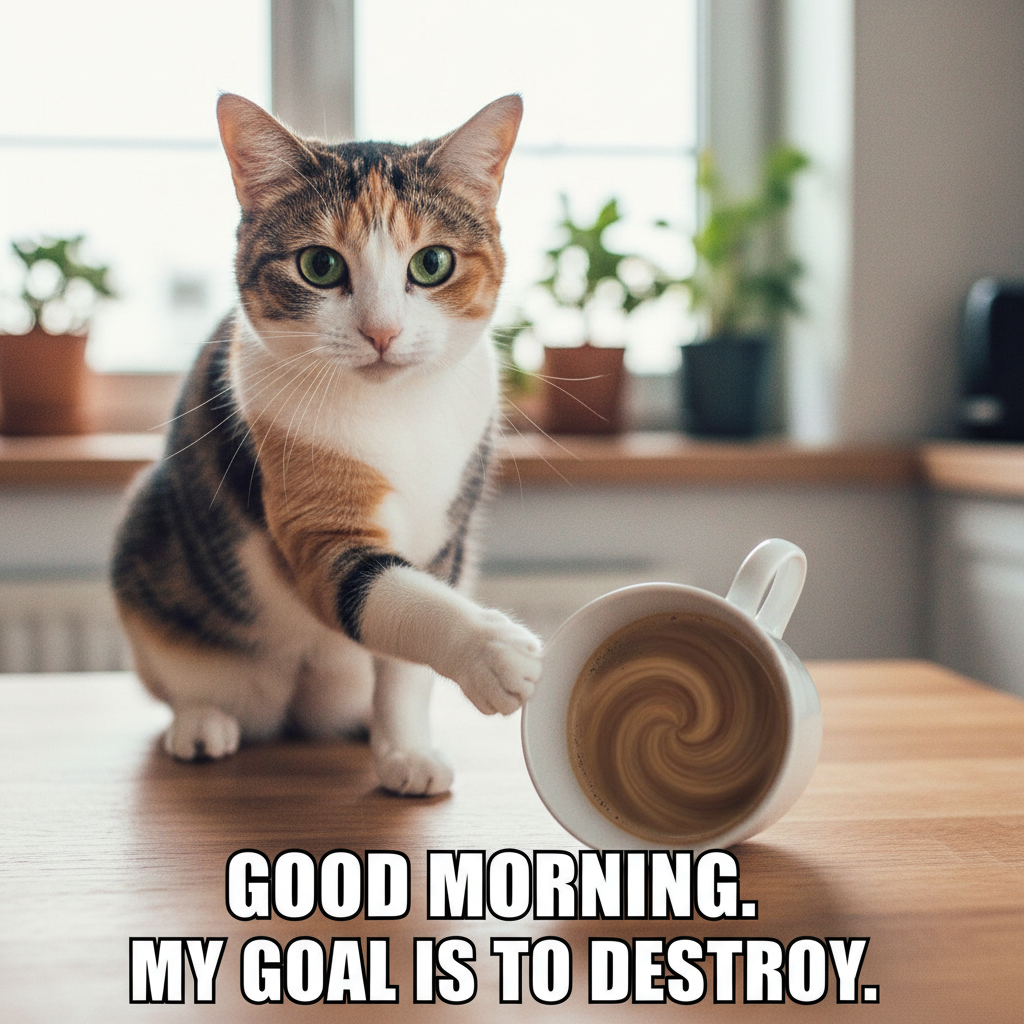 My cat just stared into my soul while slowly pushing my coffee cup off the table.