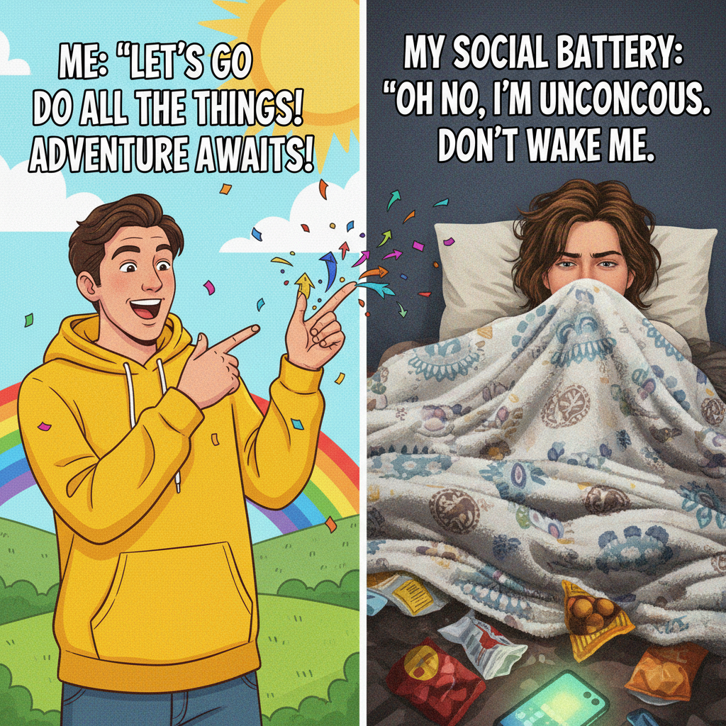 Extrovert: 'Let's go out!' Introvert: *already in bed, pretending to be asleep*.