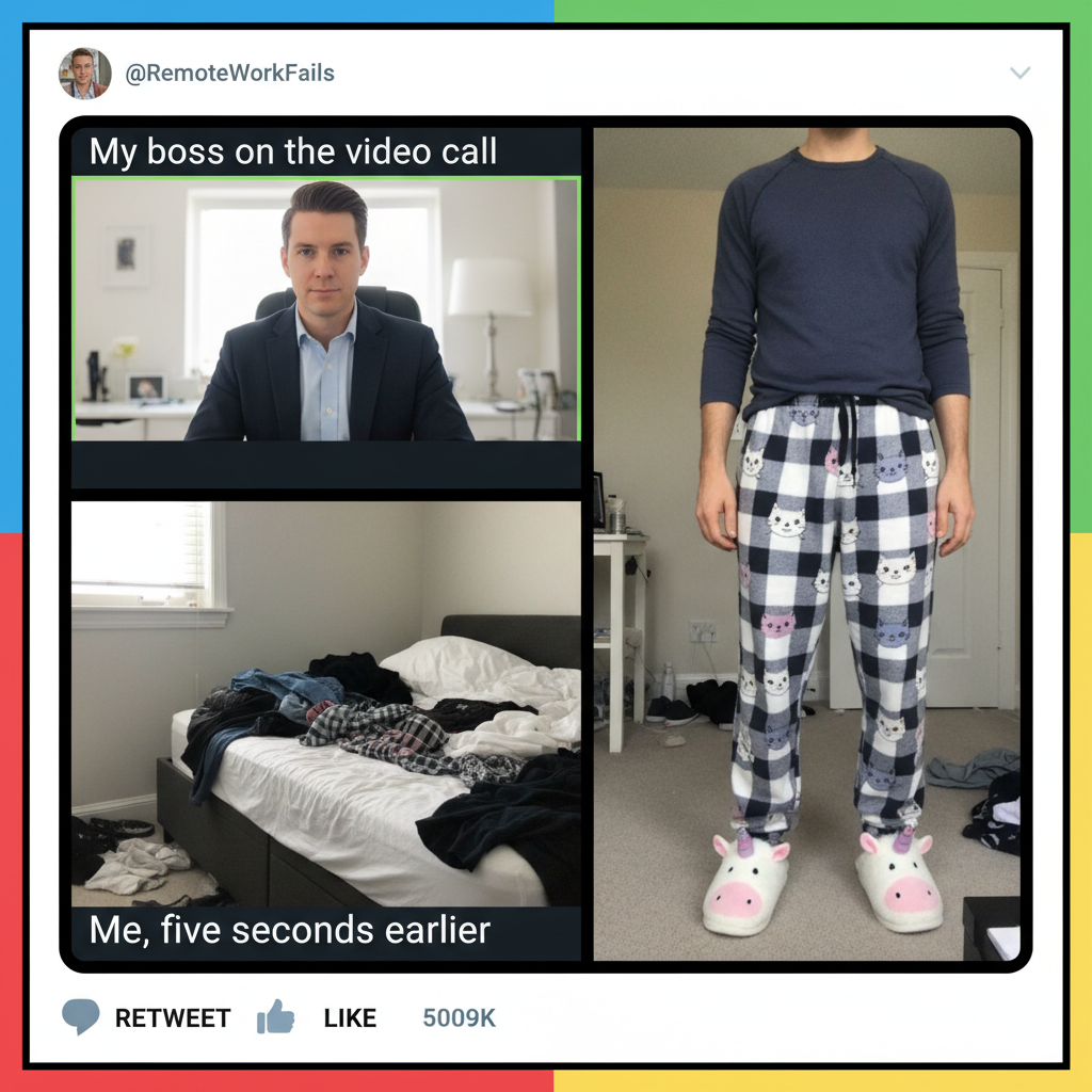 My 'work from home' outfit is 50% professional, 50% pajama. The camera angle is key. #WFHLife