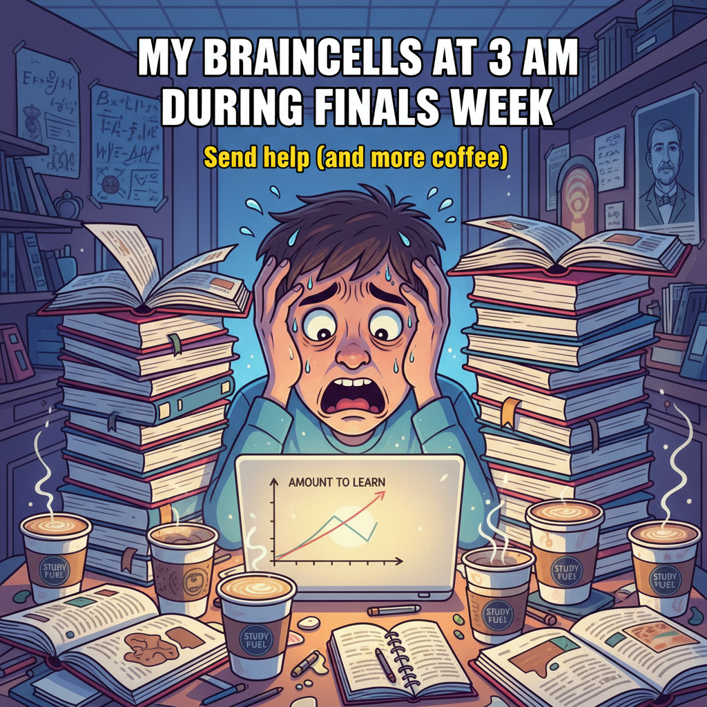 My brain during exam season is 90% caffeine, 10% existential dread. Send snacks.