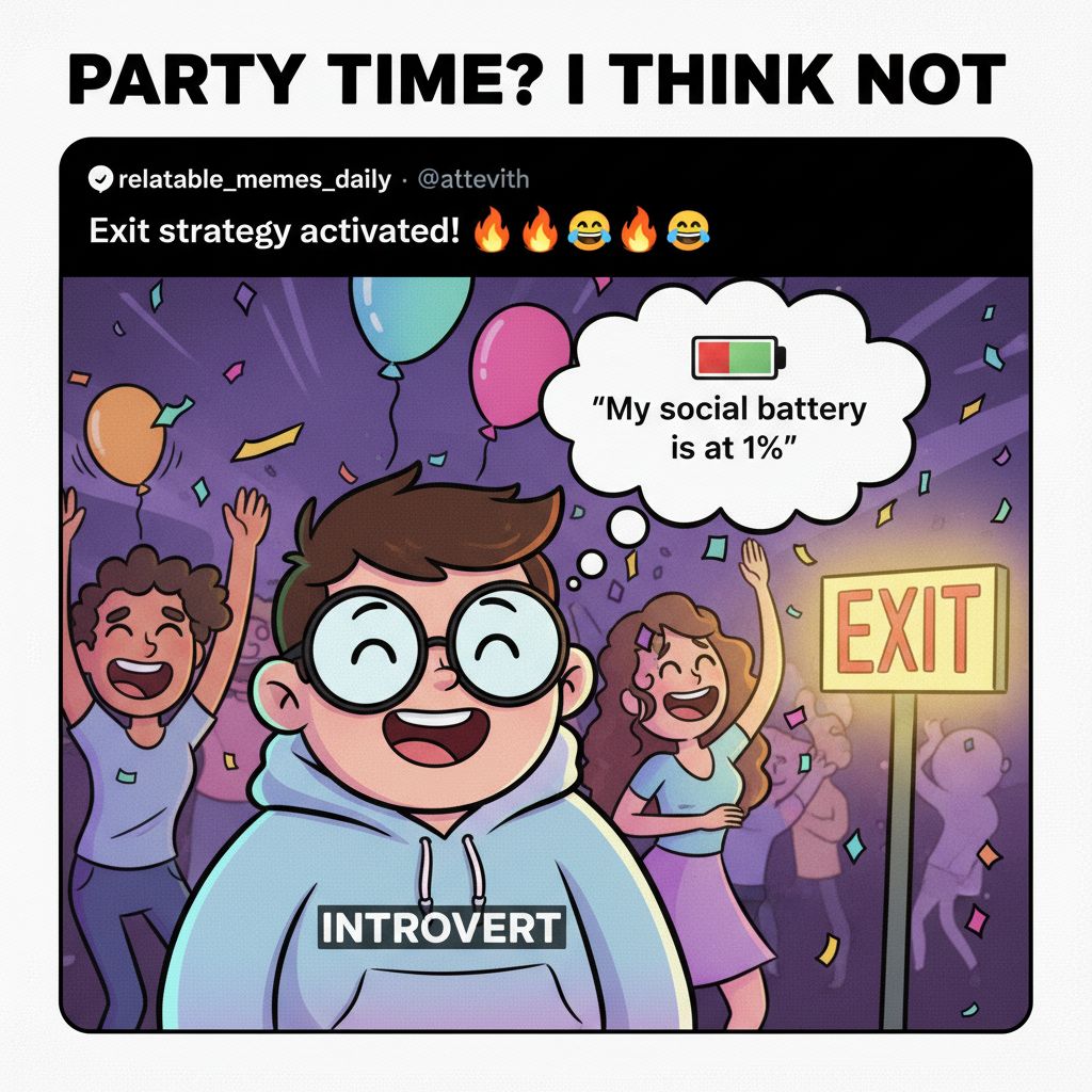 Introvert at a party: 'I've recharged enough. Time to go home and hibernate for a week.'