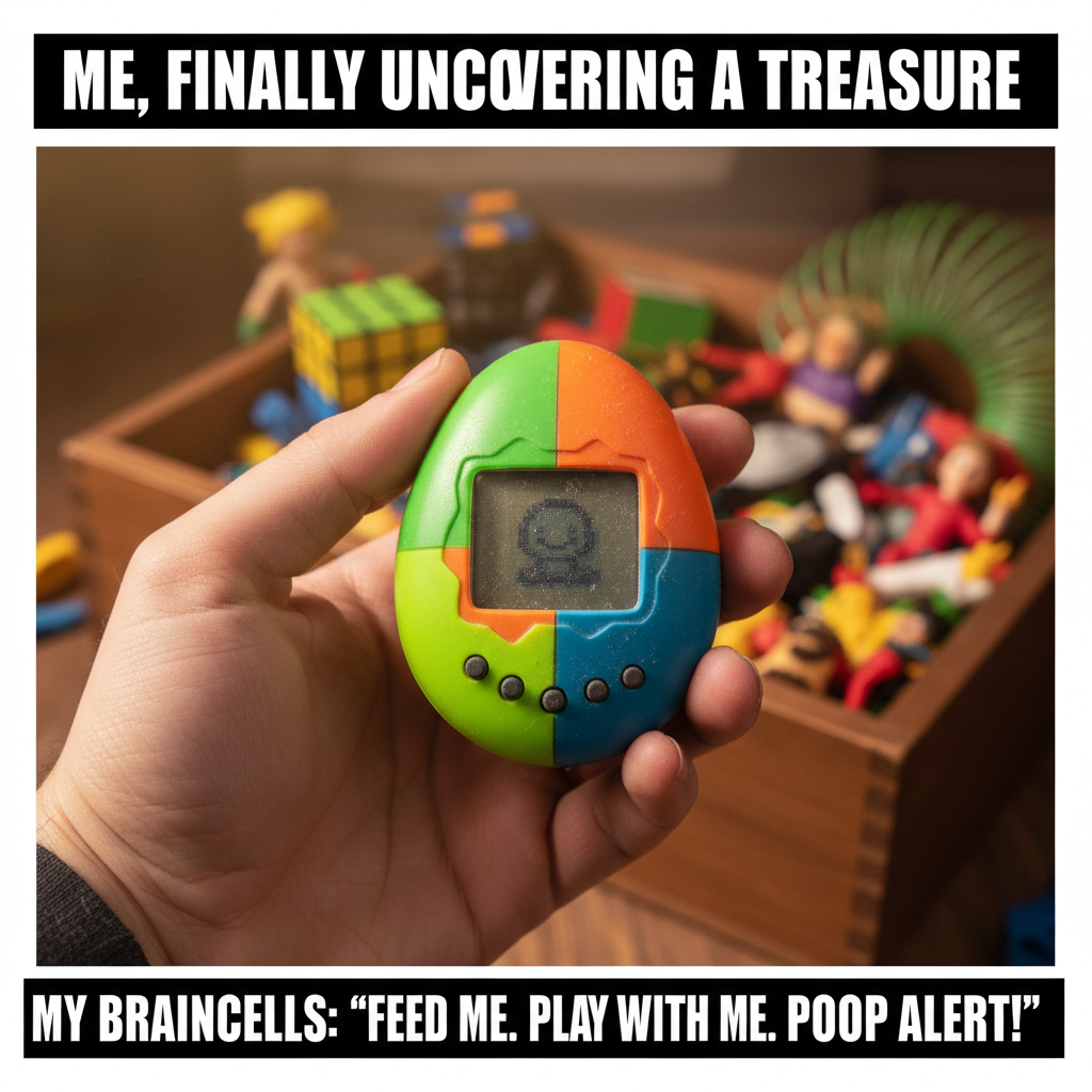 Finding a perfectly preserved Tamagotchi in a dusty box. Childhood unlocked.