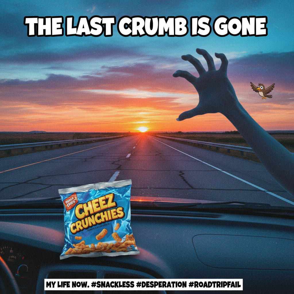 Road trip snacks ran out 2 hours in. This is not a drill. Send help & chips.