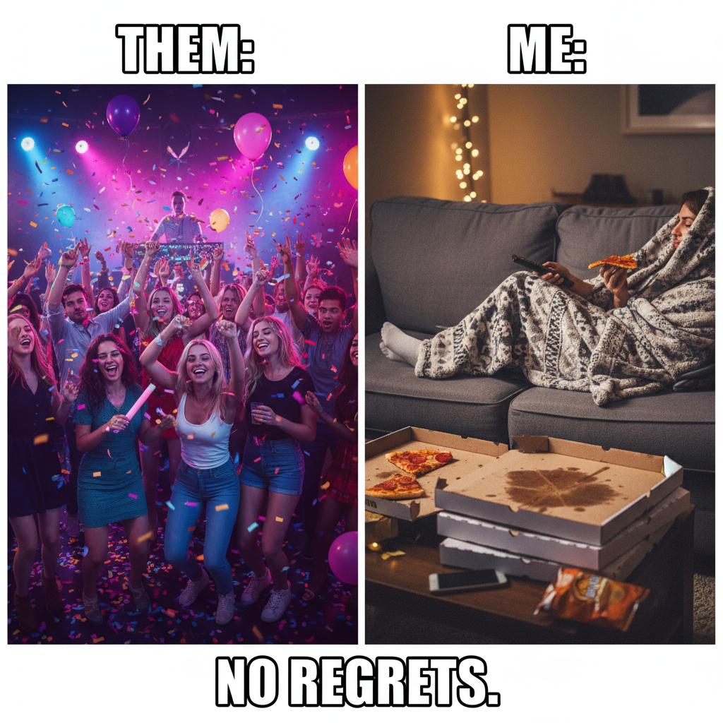 Friday night plans: wild party. Friday night reality: wild party... of one, with pizza and Netflix.