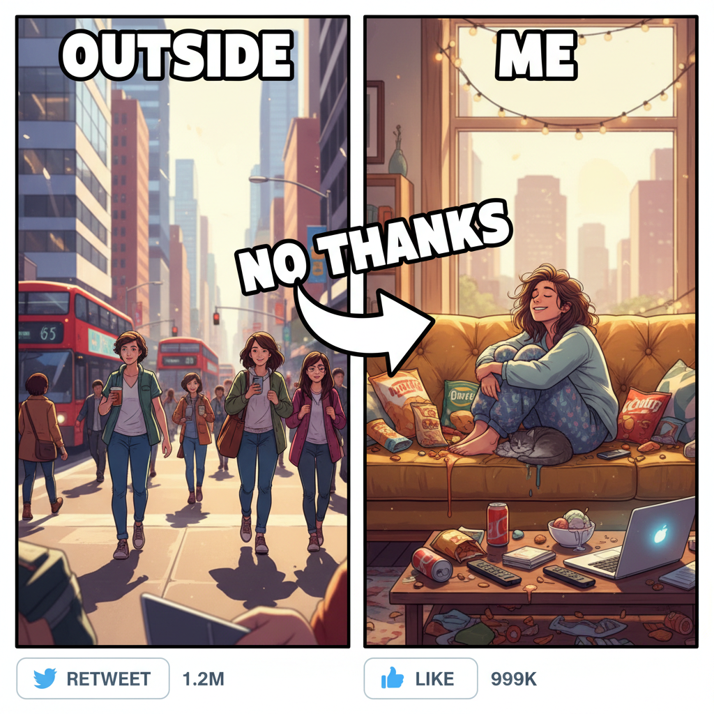 Extrovert: 'Let's go out!' Introvert: 'My couch has snacks and understands me.'