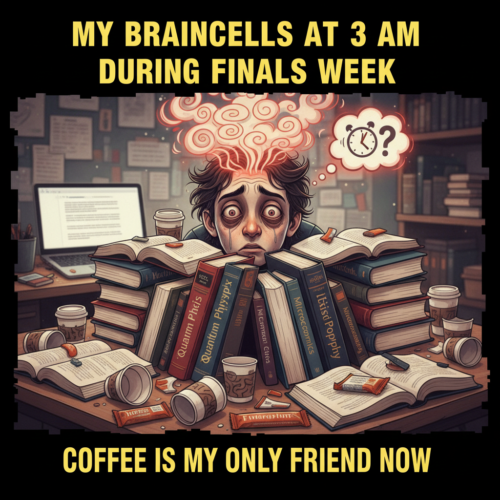 Exam season: My brain is 90% caffeine, 10% existential dread, 0% actual knowledge.