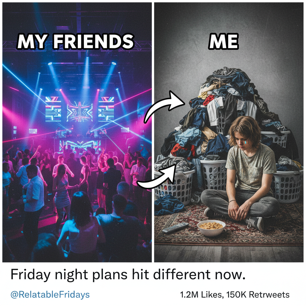 Friday night plans: clubbing. Friday night reality: debating if I have enough clean socks. #Adulting