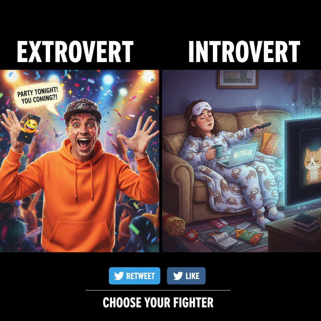 Extrovert: 'Let's go out!' Introvert: *already in pajamas* 'Can't, I'm busy staring at the wall.'