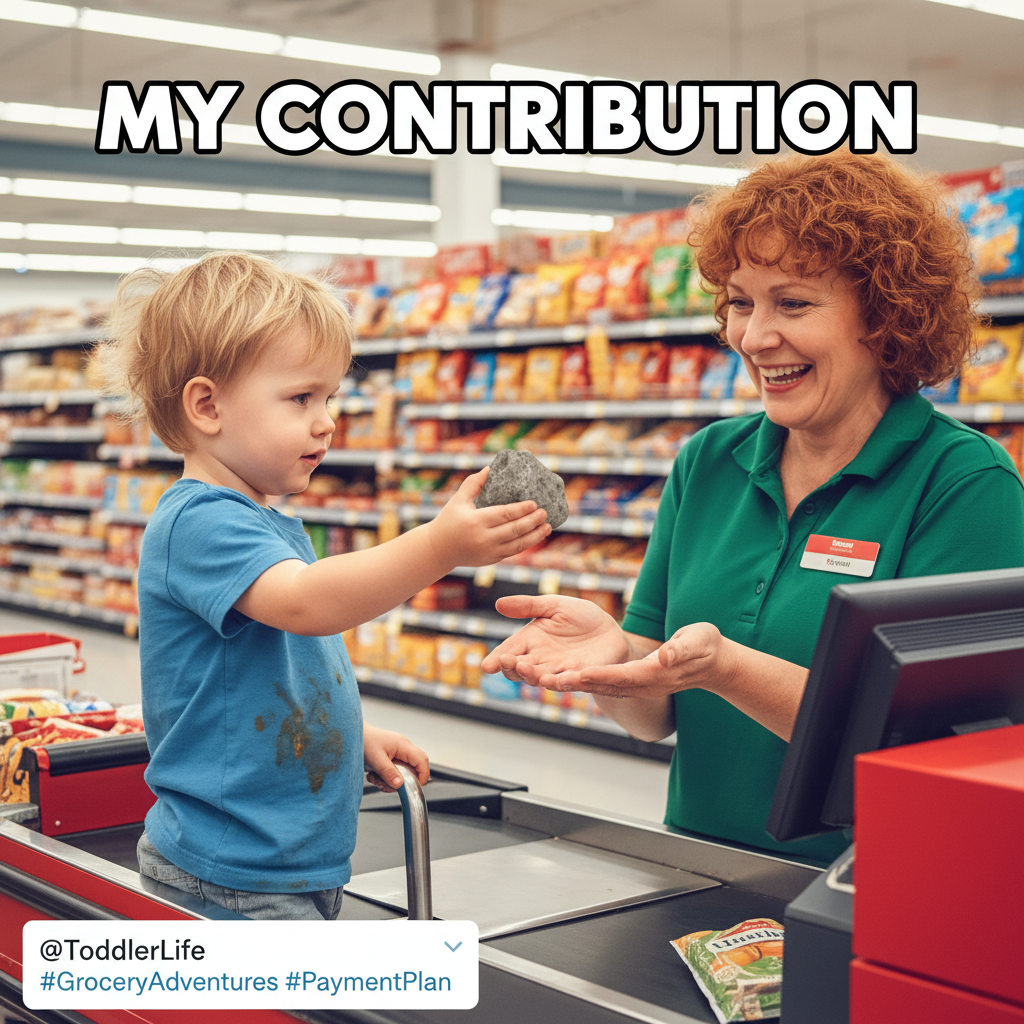 My toddler just tried to pay for groceries with a rock. I'm raising a tiny caveman.