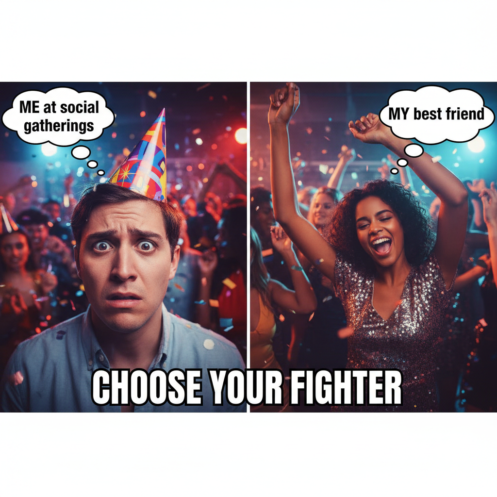 Me, an introvert, at a party vs. my extrovert friend dragging me onto the dance floor. Send help.