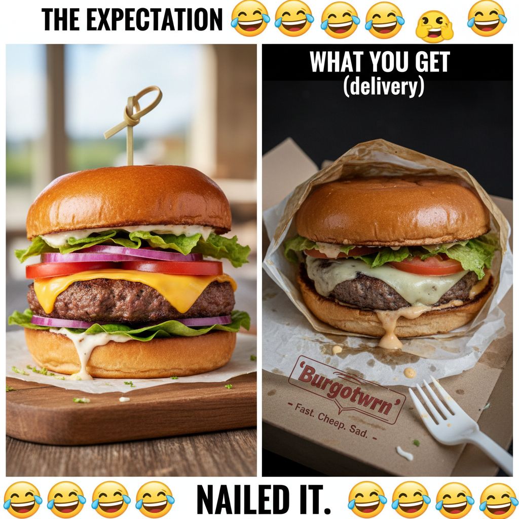 Ordered a gourmet burger, got a sad patty on a soggy bun. My disappointment is immeasurable. 🍔💔