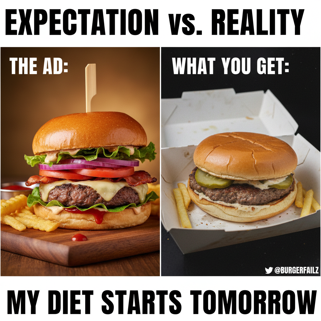 Ordered a gourmet burger. Got a sad patty on a bun. My disappointment is immeasurable.