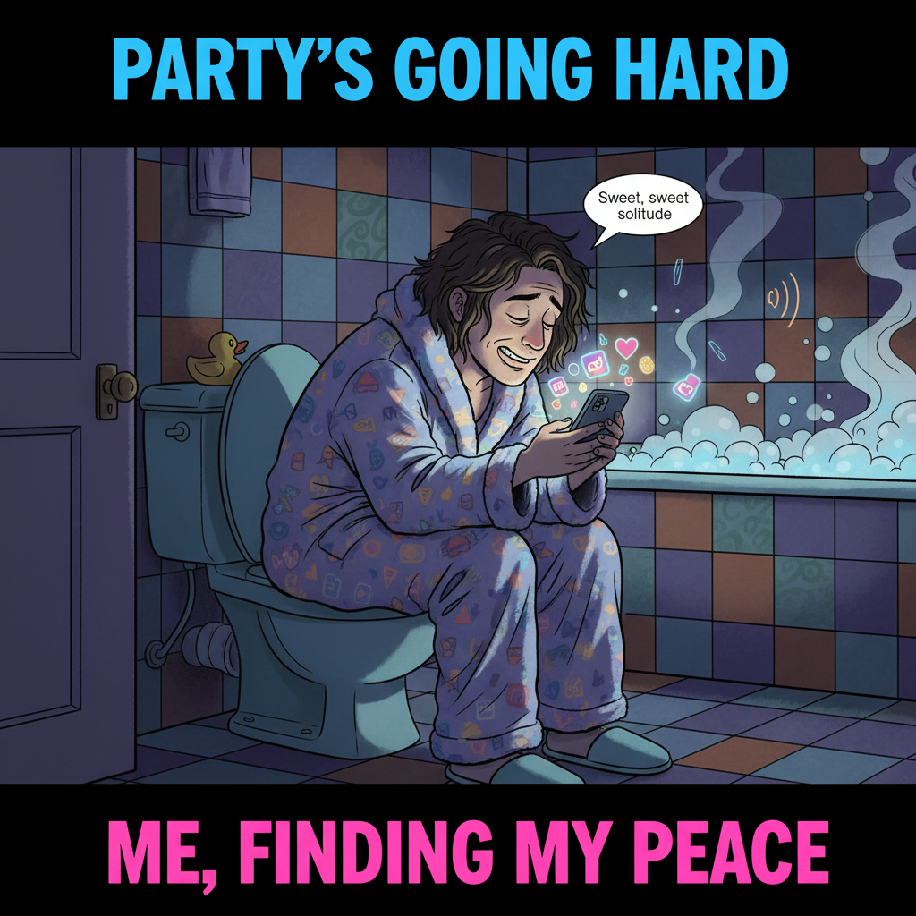 Introvert at a party: Charging my social battery in the bathroom. Be back never.