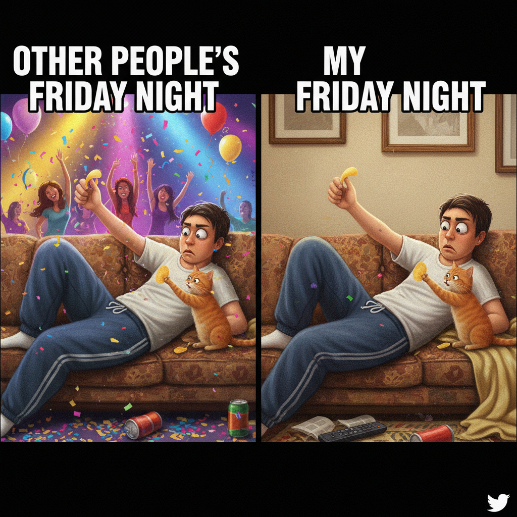 Friday night plans: wild party. Friday night reality: arguing with my cat over who gets the last chip.