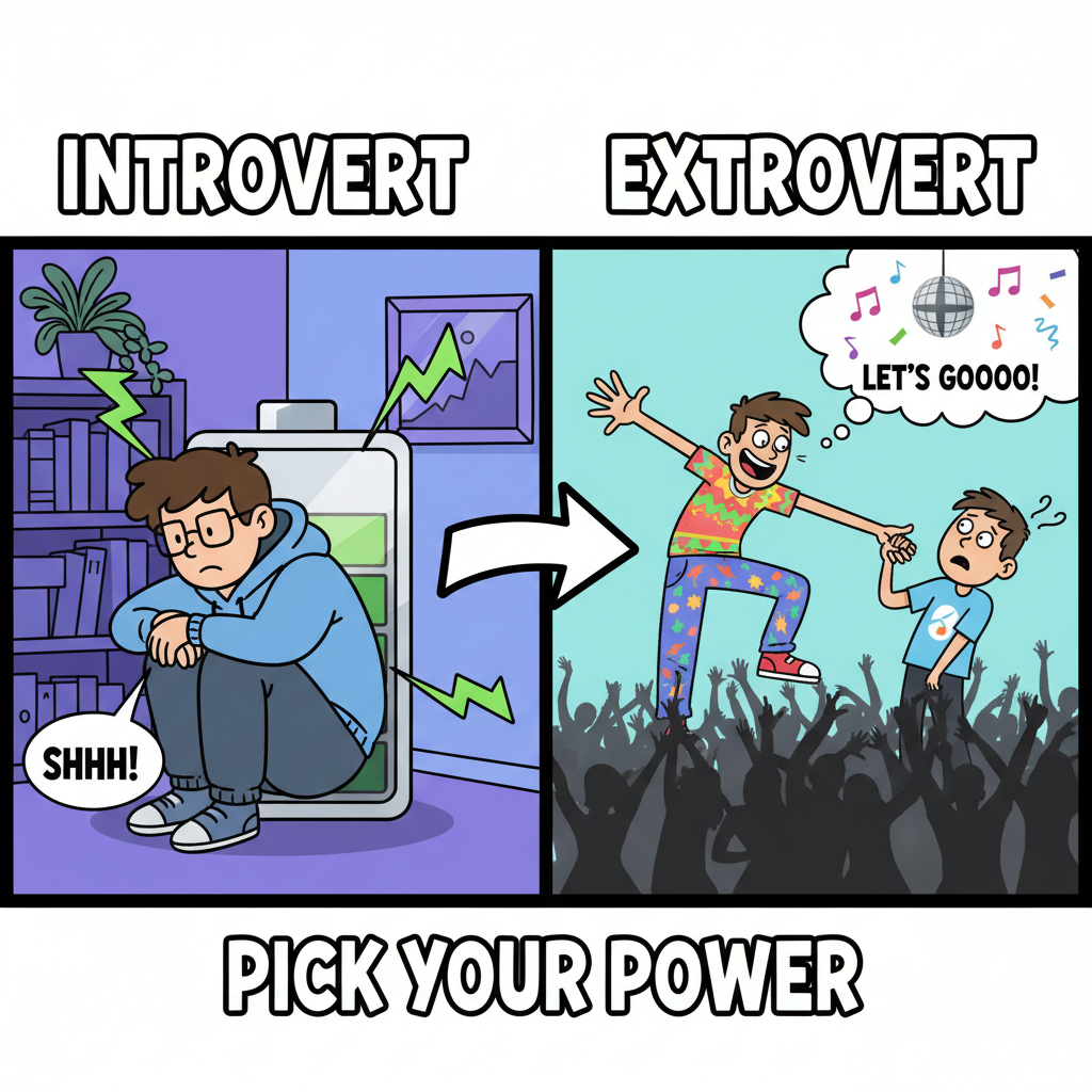 Introvert at a party: 'I just need to recharge.' Extrovert: 'Let's find more people to talk to!'