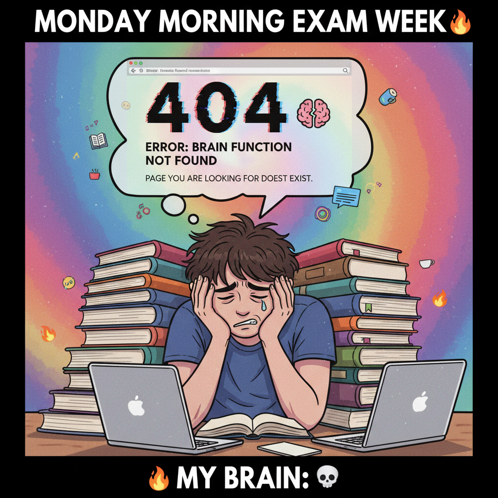 My brain during exam season: 'Error 404: Knowledge Not Found.'