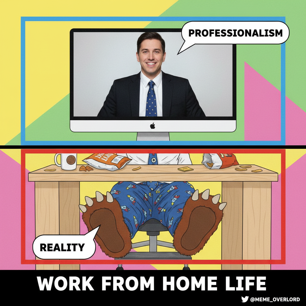 My work-from-home uniform: business on top, pajama pants and fuzzy slippers on the bottom. The duality of man.