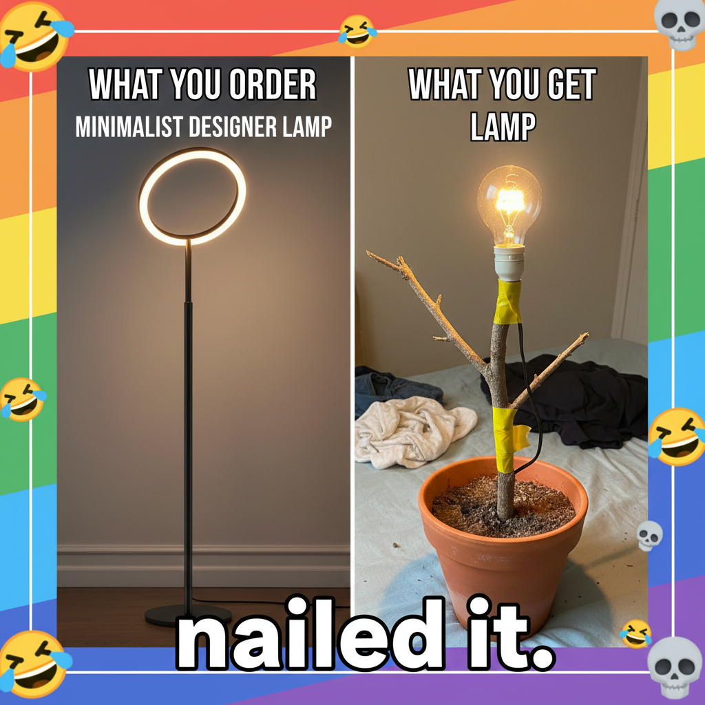 Ordered a 'chic minimalist' lamp online. Got a lightbulb glued to a twig. My apartment is now a swamp.