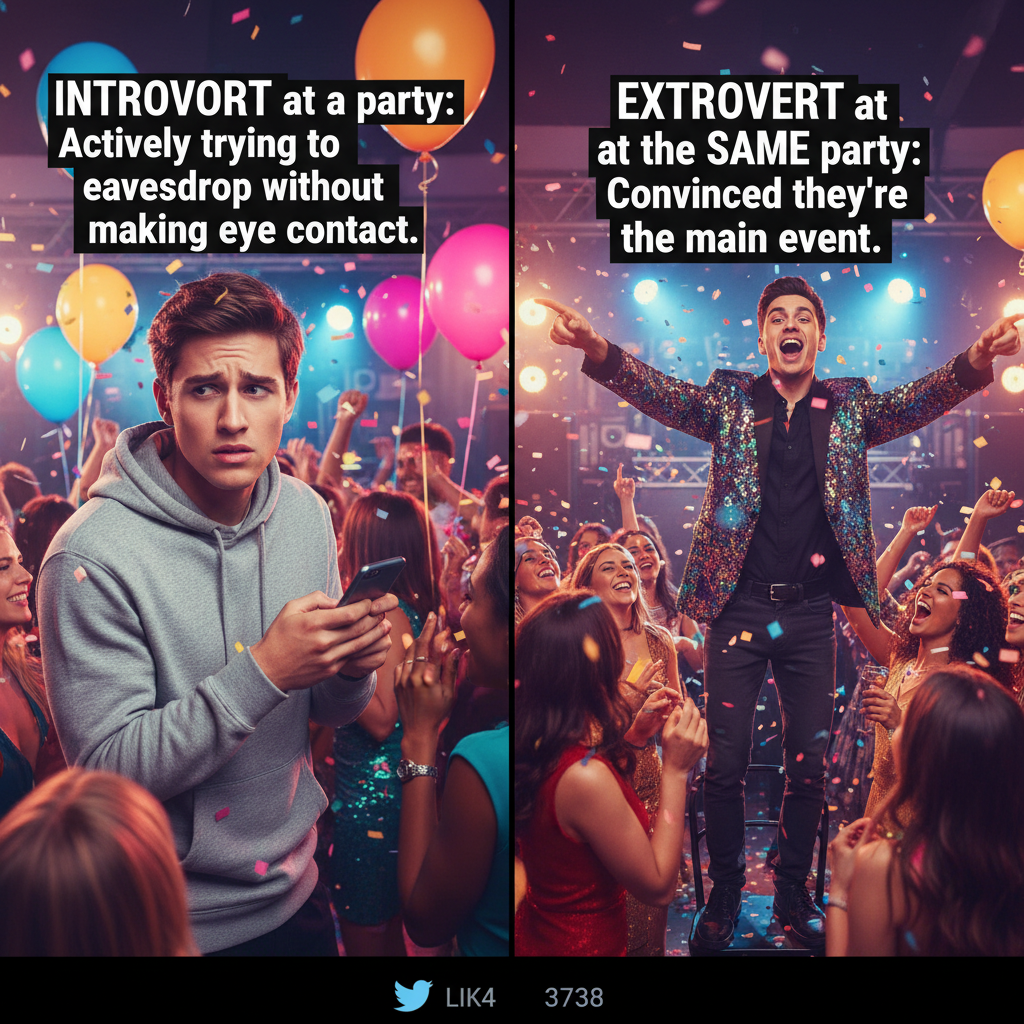Introvert at a party: 'I think I heard my name.' Extrovert: 'OMG THEY'RE TALKING ABOUT ME!'