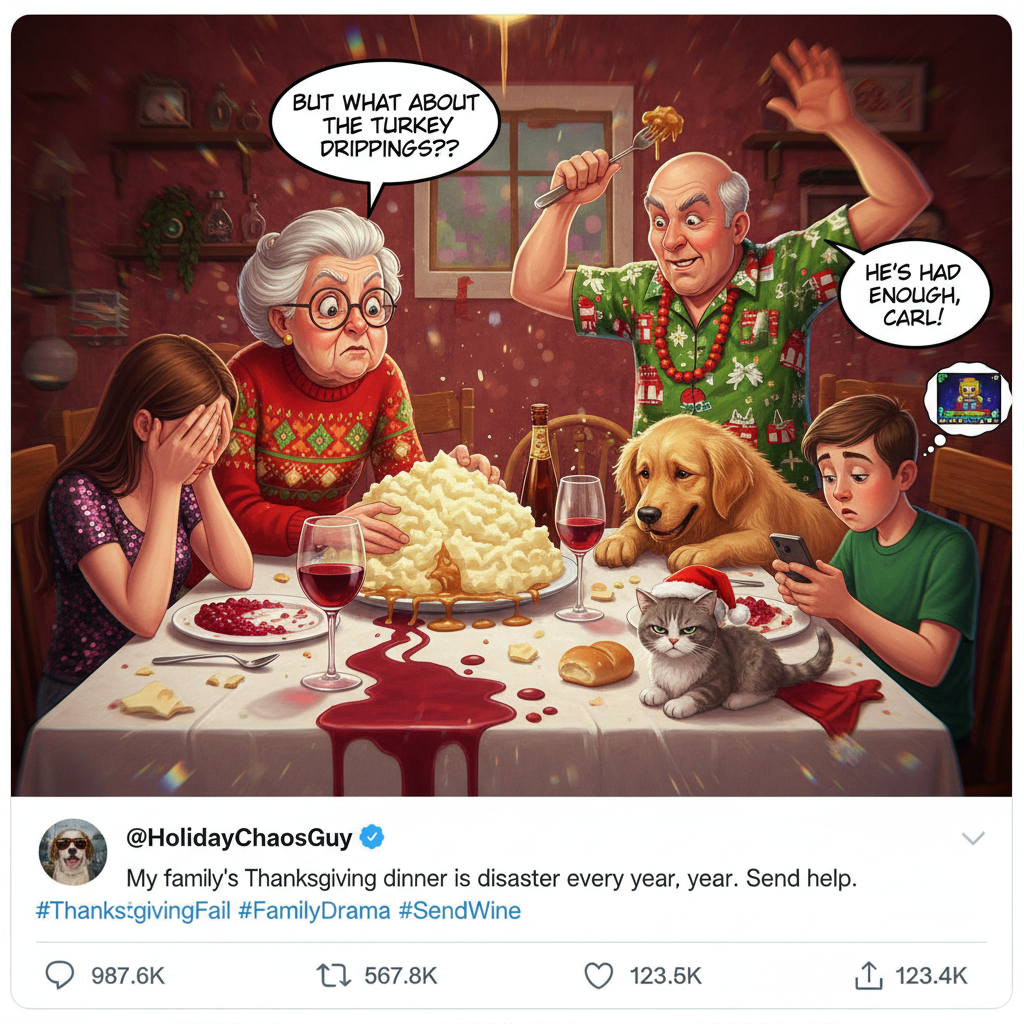 Grandma asking about my 'love life' while Uncle Dave debates politics with the dog. Holiday dinner.