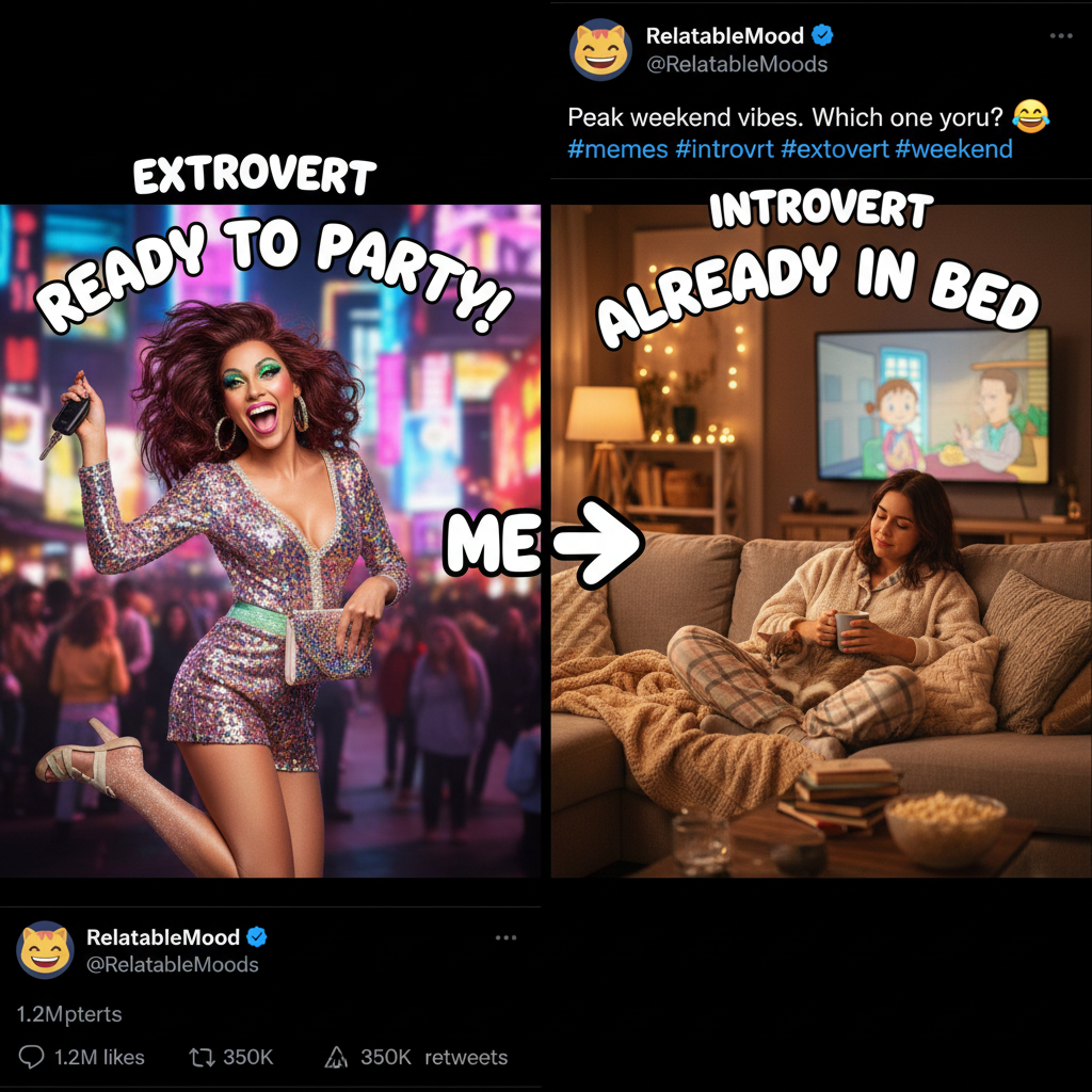 Extrovert: 'Let's go out!' Introvert: *already in pajamas* 'Can't, I have plans.'