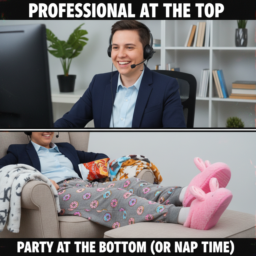 My 'work from home' outfit is 50% professional, 50% 'I haven't seen pants in days.'