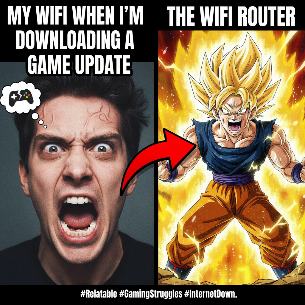 My face when my internet lags during a crucial moment online vs. an anime character's reaction.