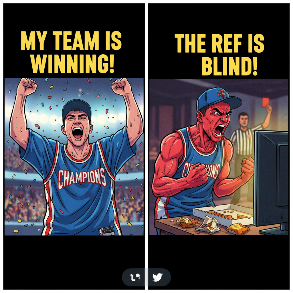 My team scores: I'm a tactical genius. Opponent scores: The refs are blind, this league is rigged!