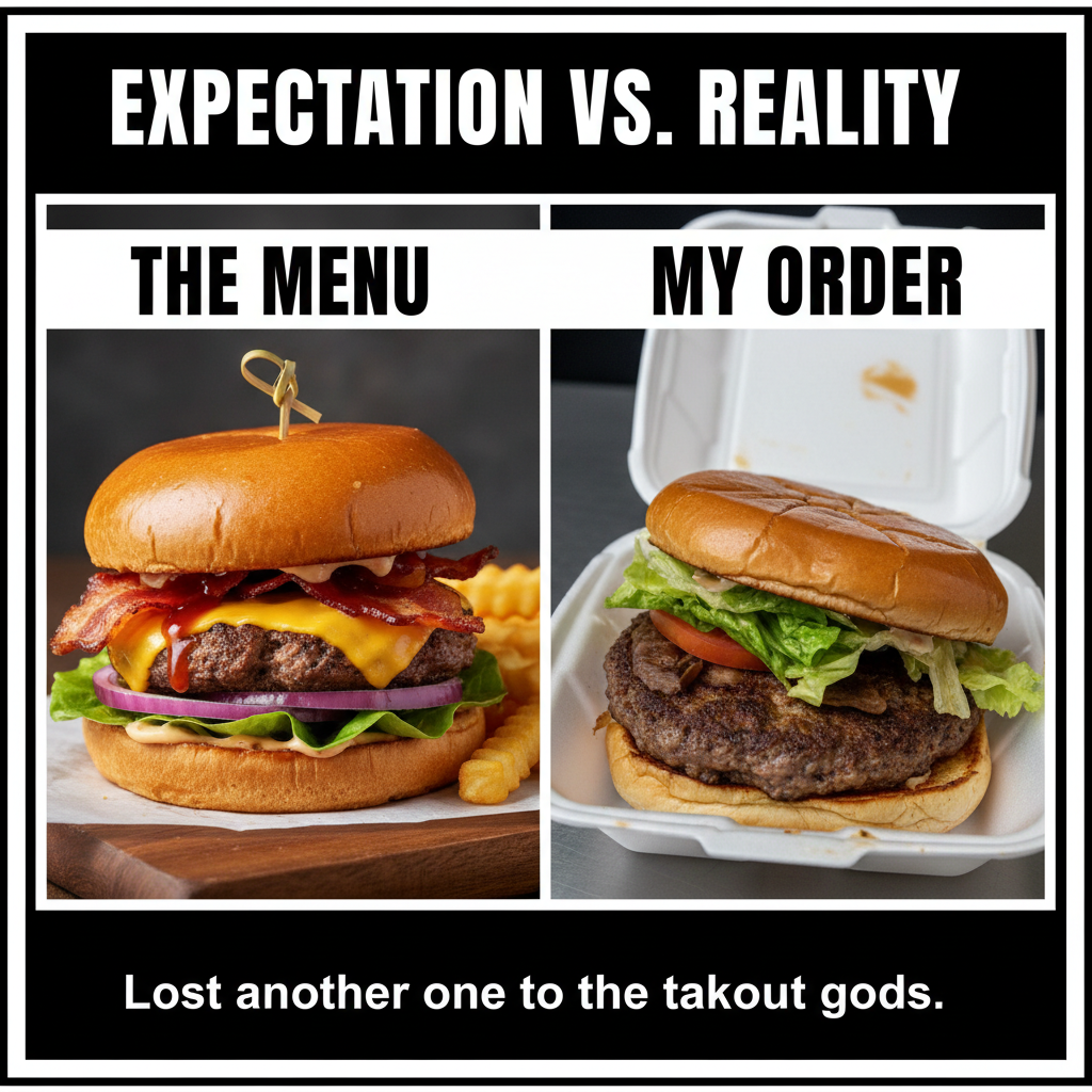 Ordered a gourmet burger, got a sad patty between two buns. Food delivery, why?