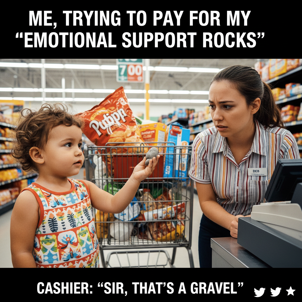 My toddler just tried to pay for groceries with a rock. Send help.