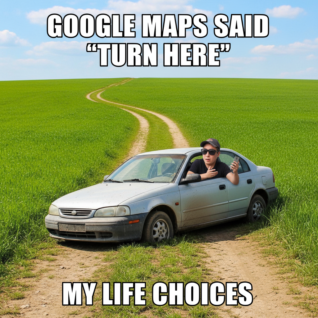 GPS said 'turn left.' I turned left. Now I'm in a field. #RoadTripFails