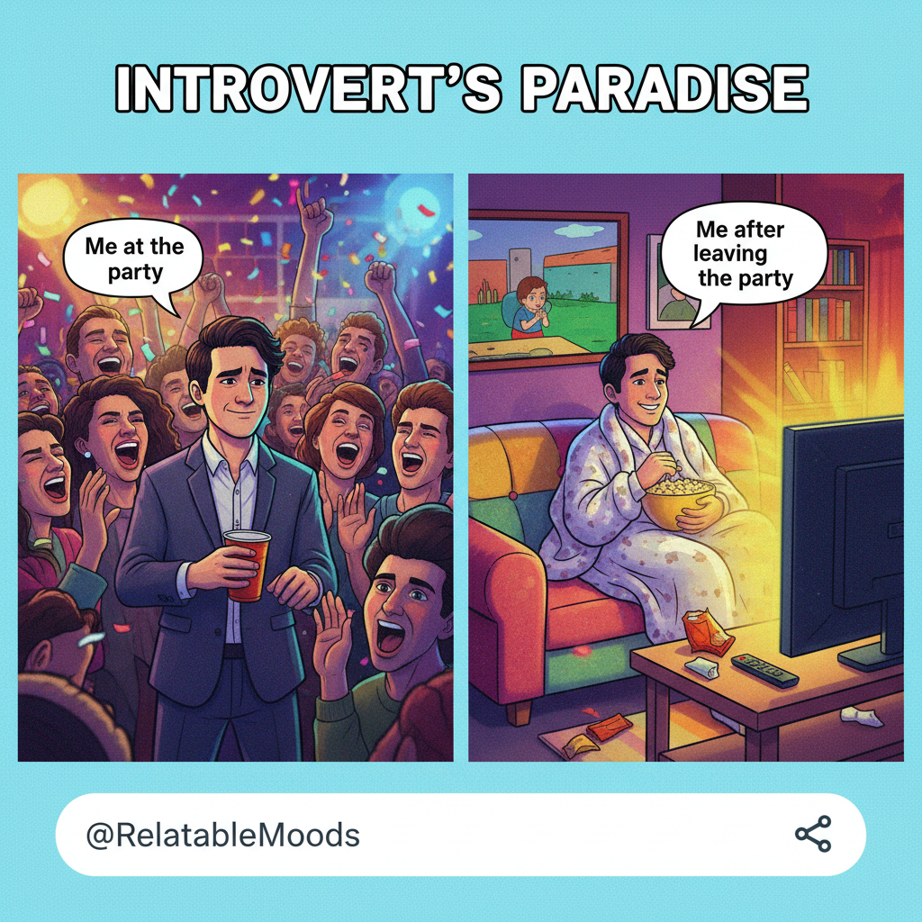 Me at a party vs. me when the party's over and I'm home alone. The duality is real.