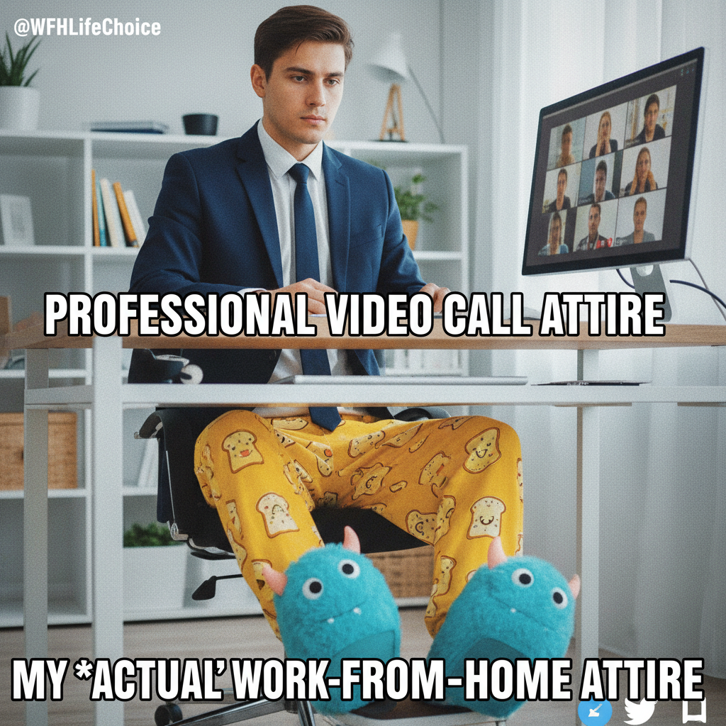 My work-from-home uniform: business on top, pajama pants and fuzzy slippers on the bottom.