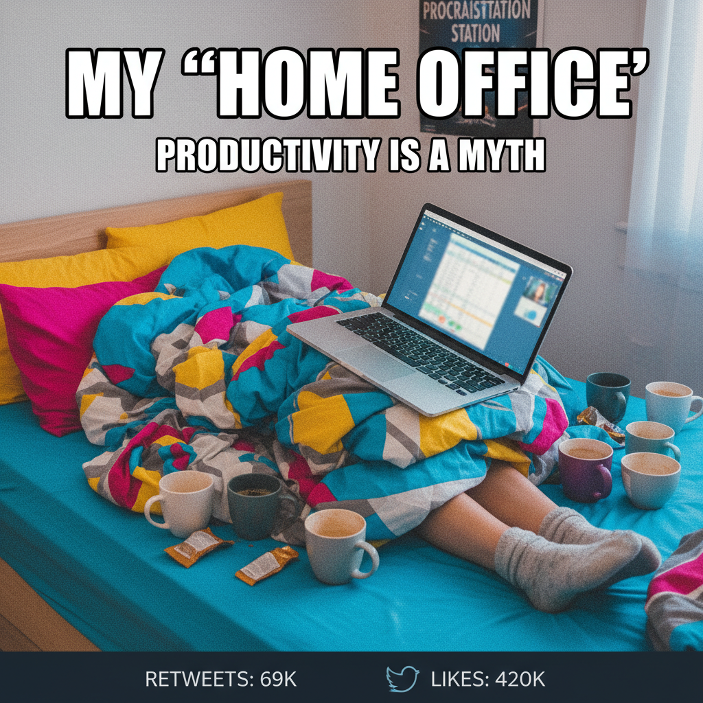 My WFH 'office' is just my bed with 3 empty coffee cups. Productivity is a myth.