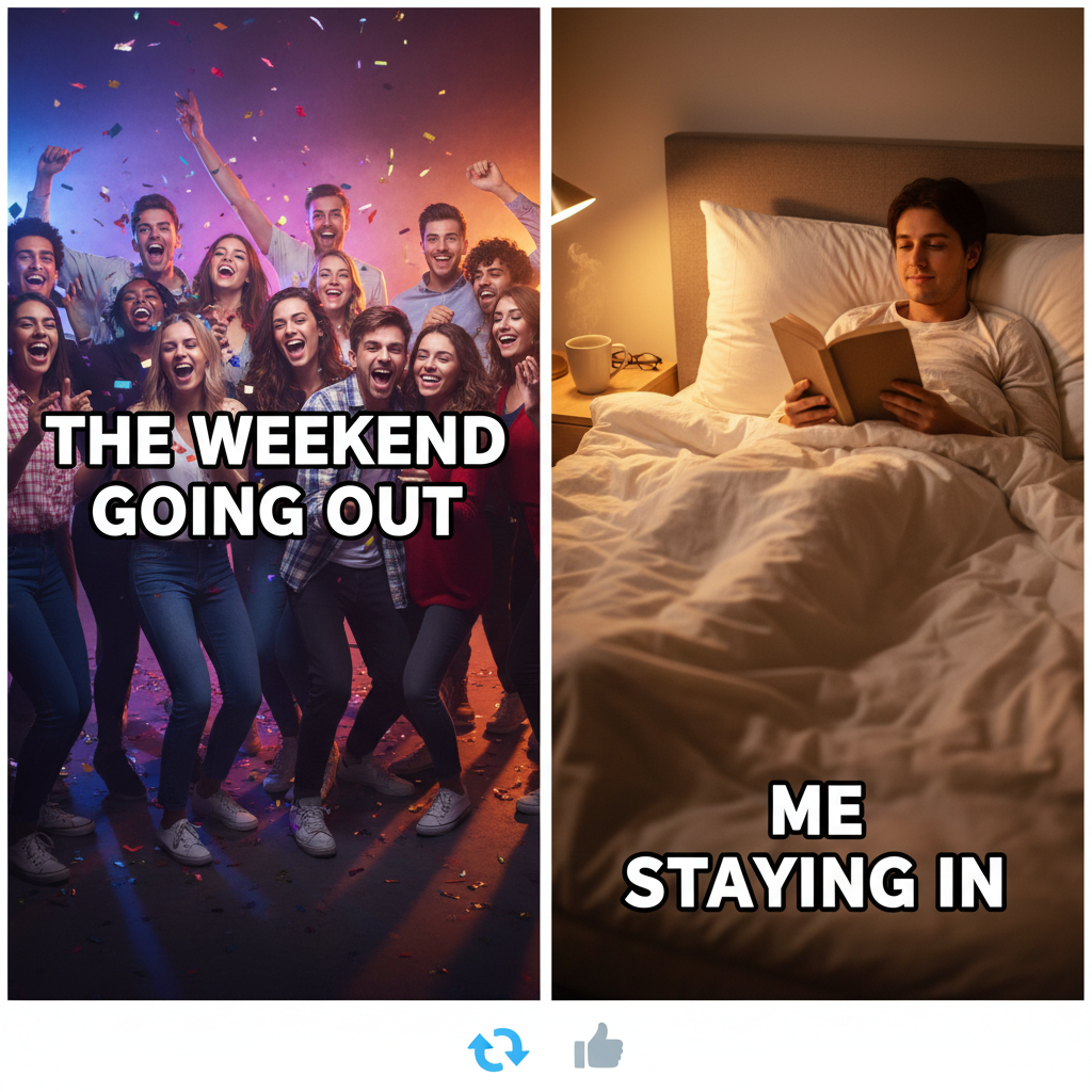 Extrovert: 'Let's go out!' Introvert: *already in bed by 8pm* 'Can't, busy.'