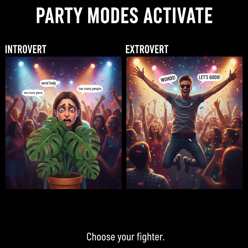 Introvert at a party vs. Extrovert at a party. One is thriving, the other is planning escape.