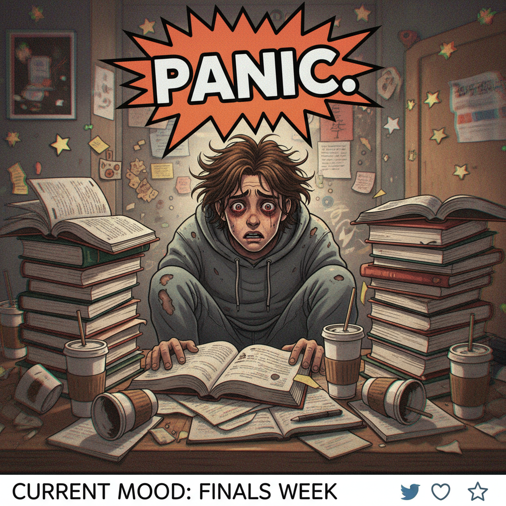 Exam season: My brain is 90% caffeine, 10% panic, 0% actual knowledge.