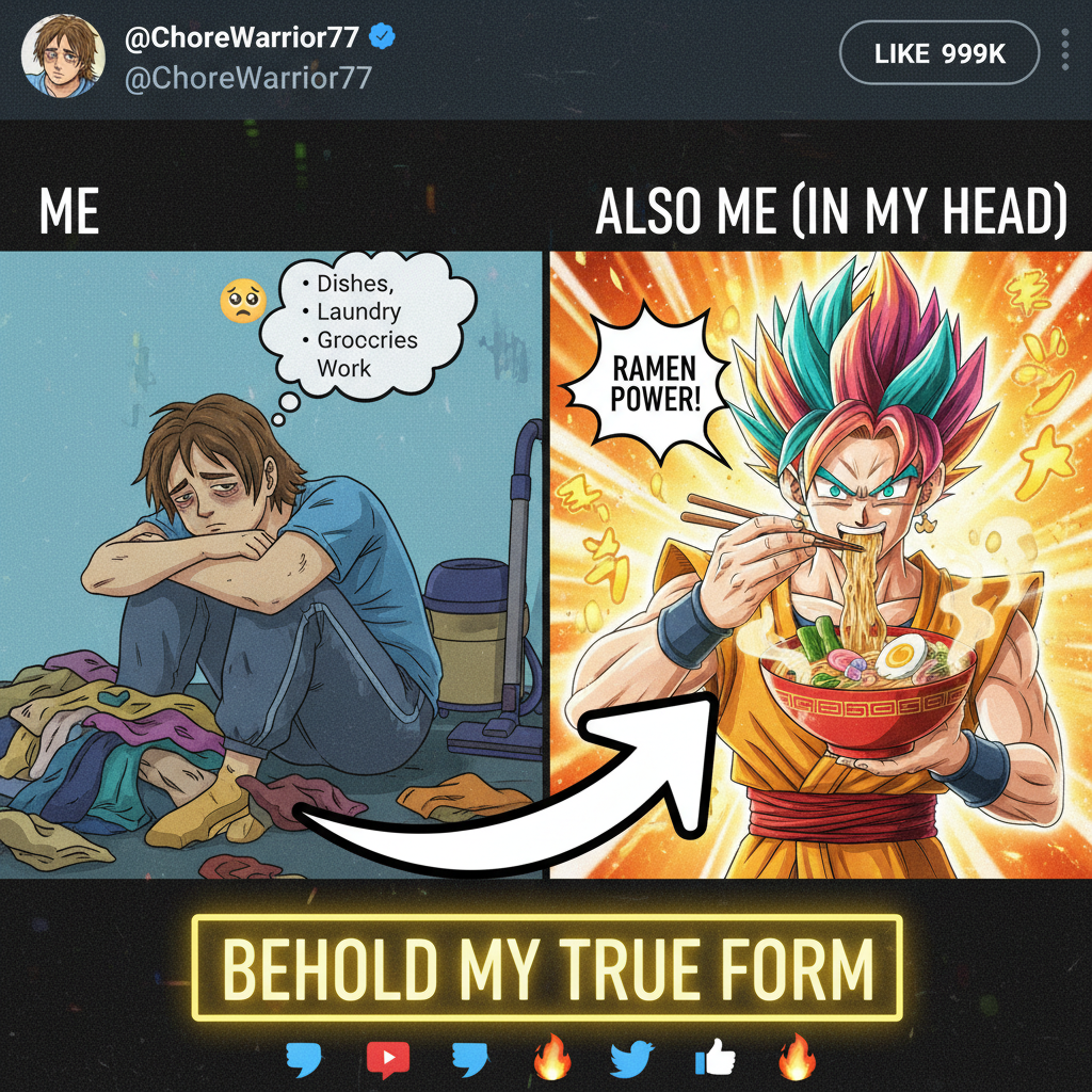 Me trying to adult vs. my inner anime protagonist who just wants to eat ramen and save the world.
