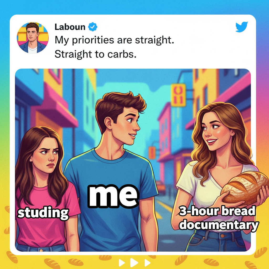 Me trying to study for exams vs. me watching a 3-hour documentary about bread.