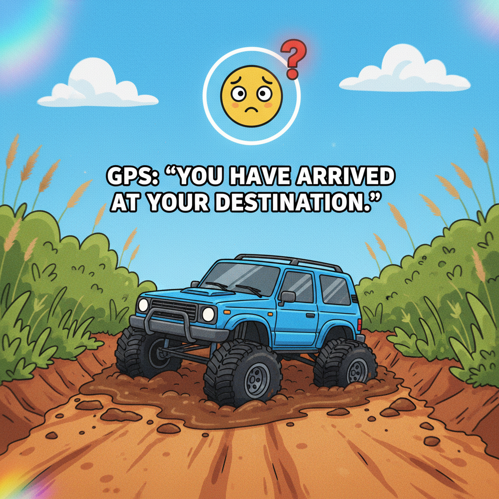 GPS said 'turn left'. My car said 'nah, we're going off-roading'. Send help.