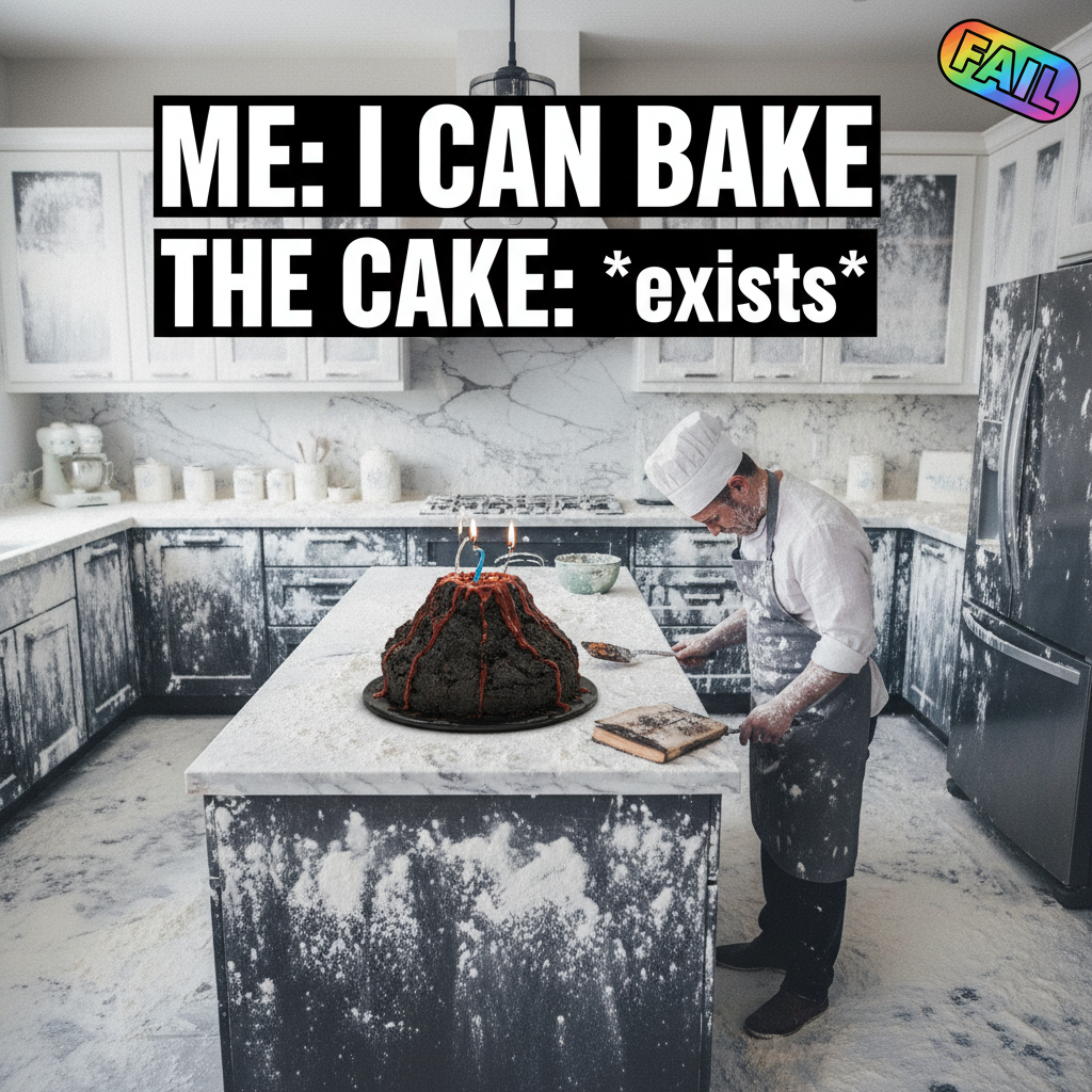 Attempted to make a 'simple' cake. Now my kitchen looks like a flour explosion. Send pizza.