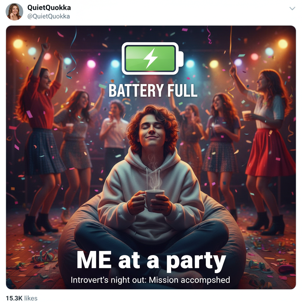 Introvert at a party: 'I've recharged enough social batteries for the next 3 months.'