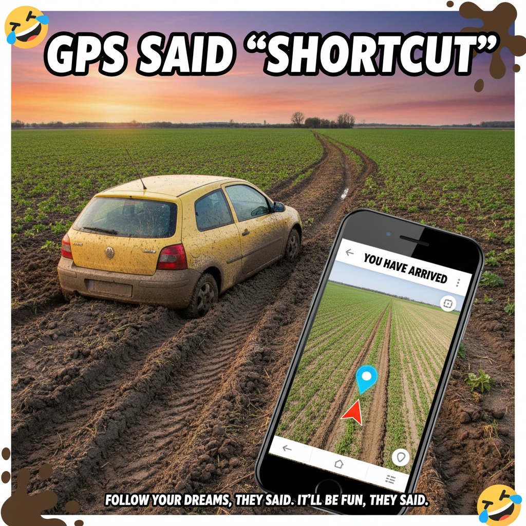 GPS said 'turn left in 50 feet.' I'm now in a farmer's field. Thanks, Siri.