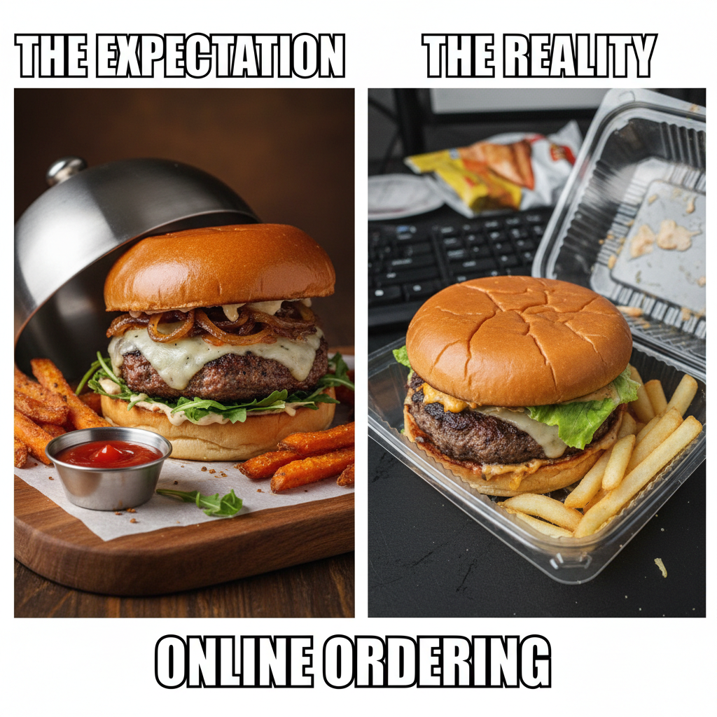 Ordered a gourmet burger. Got a sad patty between two deflated buns. Reality bites.