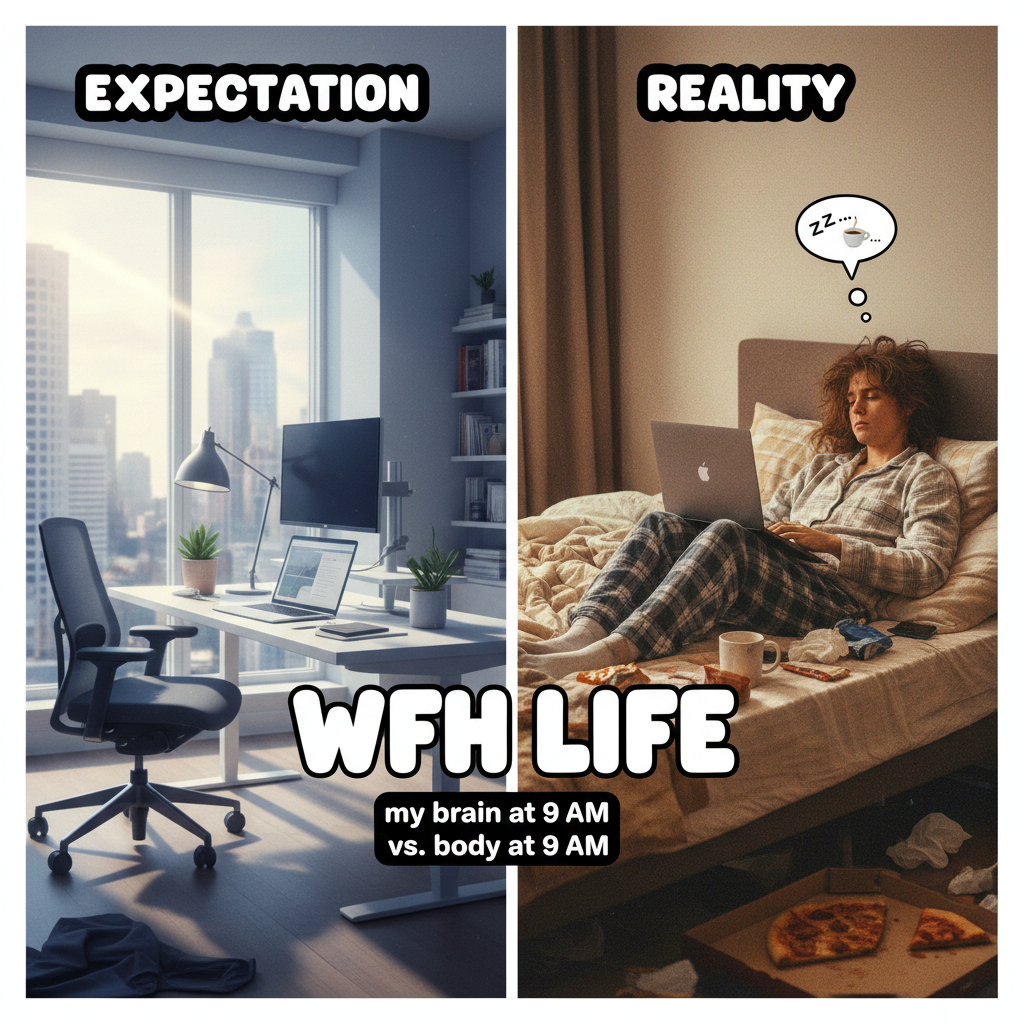 My 'professional' WFH setup vs. my actual WFH setup. Send help (and coffee).