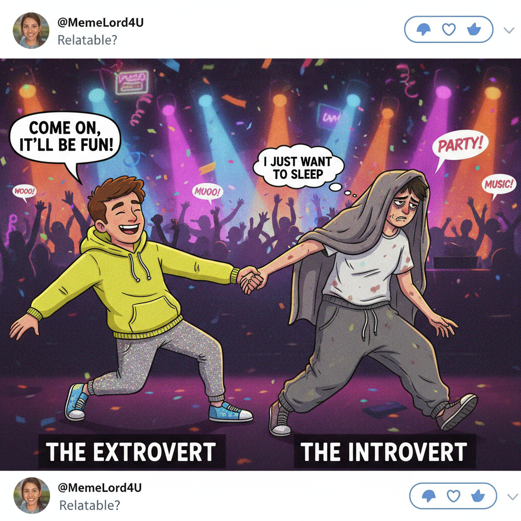 When an extrovert tries to drag an introvert to 'just one more' social event.