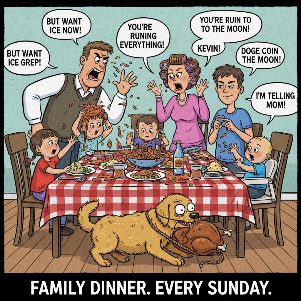 Holiday dinner: where chaos is the main course and arguments are dessert.