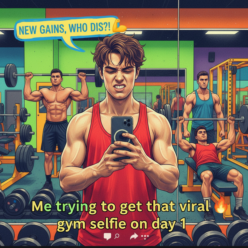 Gym culture: where everyone's a fitness influencer, even if they just walked in.