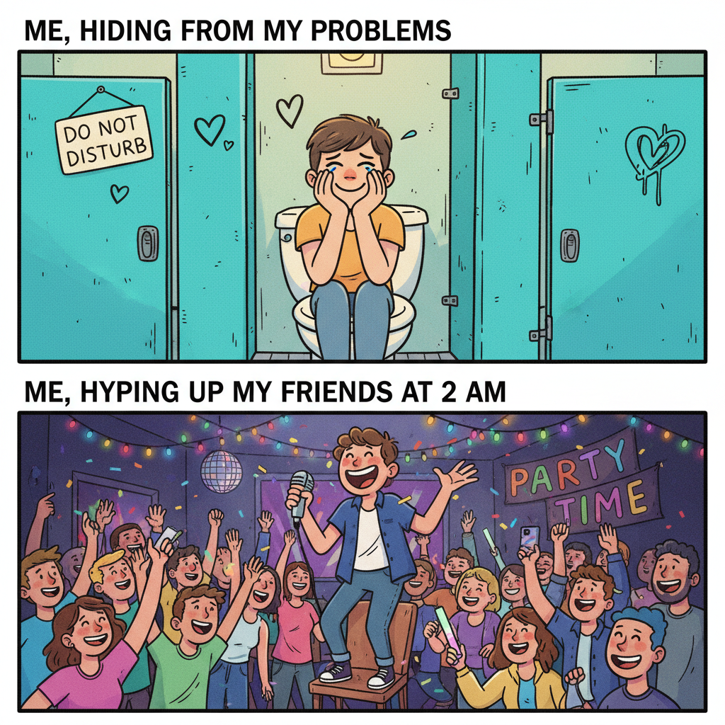 Introvert at a party: recharging in the host's bathroom. Extrovert: IS THIS MIC ON?!