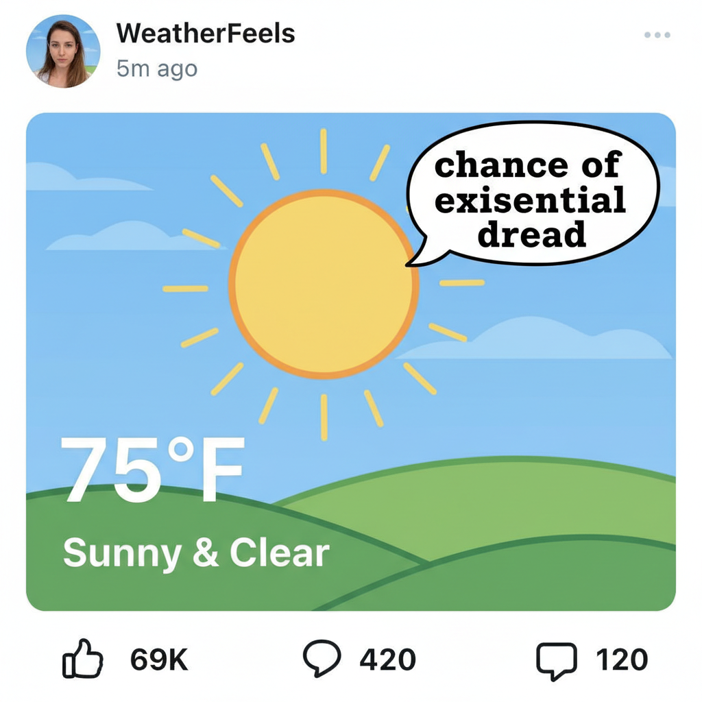 It's 70° and sunny but the forecast said 'chance of existential dread'. Classic.